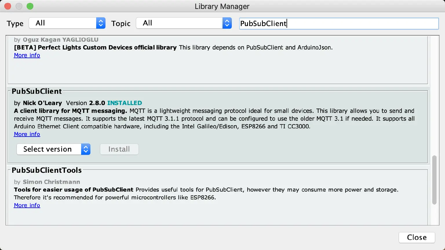 Arduino IDE Library Manager with "PubSubClient" typed into the search box, showing the library by Nick O'Leary with its Install button