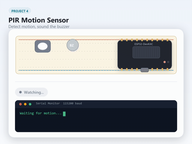 Animated demo: motion triggers the buzzer and prints MOTION detected to serial