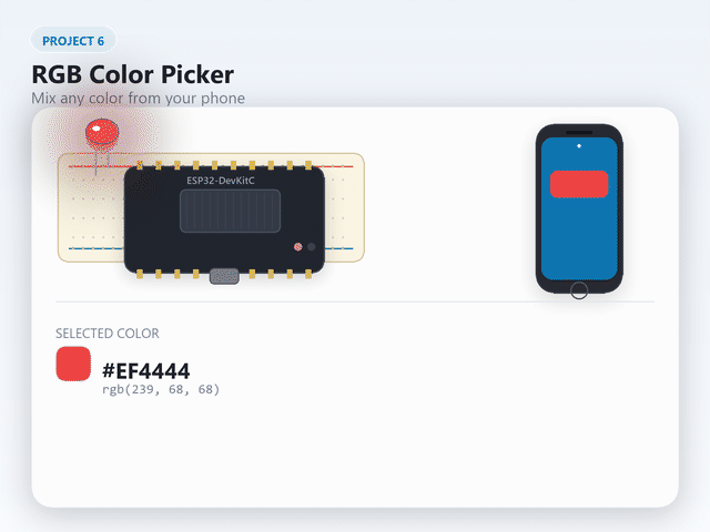 Animated demo: color picker cycles through red, green, blue, yellow, and more